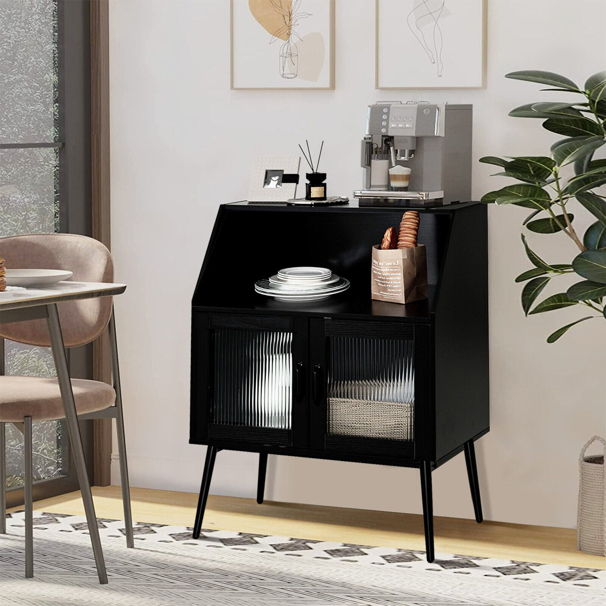 Aparador de cocina con compartimento abierto y 2 puertas de cristal - Negro