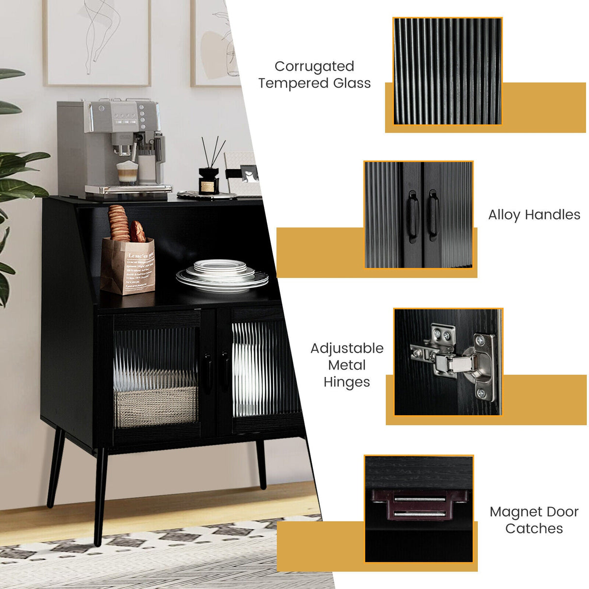Aparador de cocina con compartimento abierto y 2 puertas de cristal - Negro