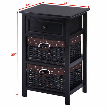 Mesa de Noche de Almacenamiento de Madera de 3 Niveles con 2 Cestas y 1 Cajón