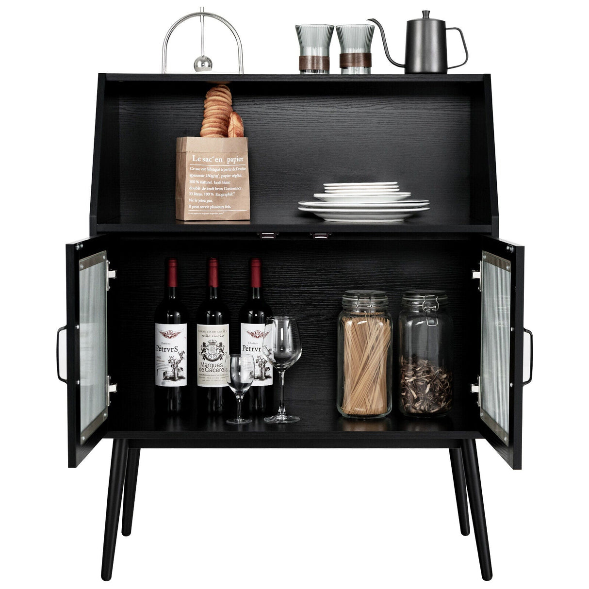 Aparador de cocina con compartimento abierto y 2 puertas de cristal - Negro