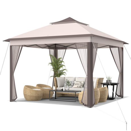 Carpa Cenador Plegable de 11 x 11 Pies con 2 Niveles, Toldo Portátil, Bolsa de Transporte, Malla