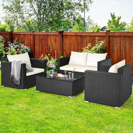 Juego de conversación de ratán para patio de 4 piezas con cojines y mesa de centro - Negro