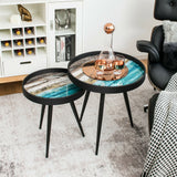 Set of 2 Stylish Nesting End Tables with Wooden Tray Top and Steel Legs-Black