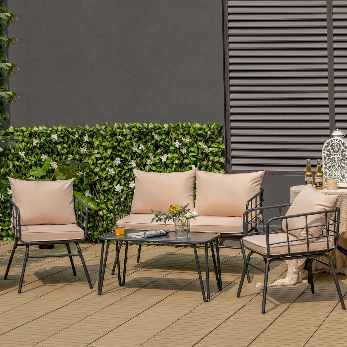 Juego de muebles de patio de 4 piezas con cojines de respaldo para jardín-Beige