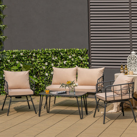 Juego de muebles de patio de 4 piezas con cojines de respaldo para jardín-Beige