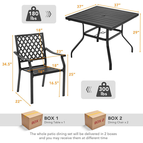 Juego de comedor de patio de 3 piezas Sillas apilables Mesa con reposabrazos y orificio para sombrilla