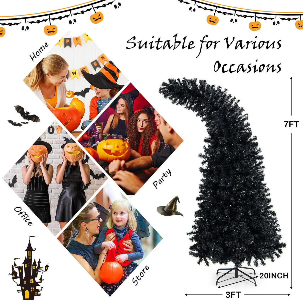 Árbol de Halloween negro preiluminado de 7 pies con 8 modos de flash y 400 luces