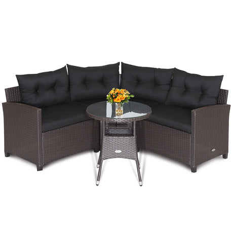 Juego de muebles de patio de ratán de 4 piezas con cojines para sofá y mesa de cristal