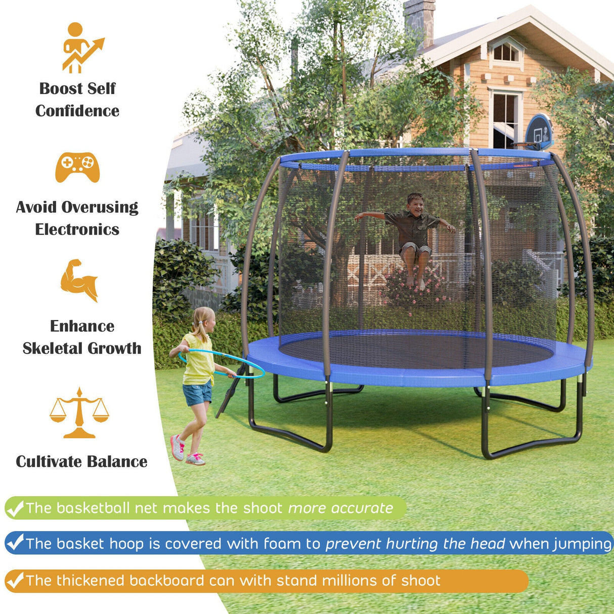 Trampolín recreativo de 8/10 pies con canasta de baloncesto