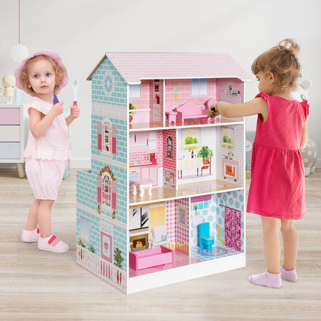 Cocina de juguete y casa de muñecas 2 en 1 de doble cara para niños con muebles