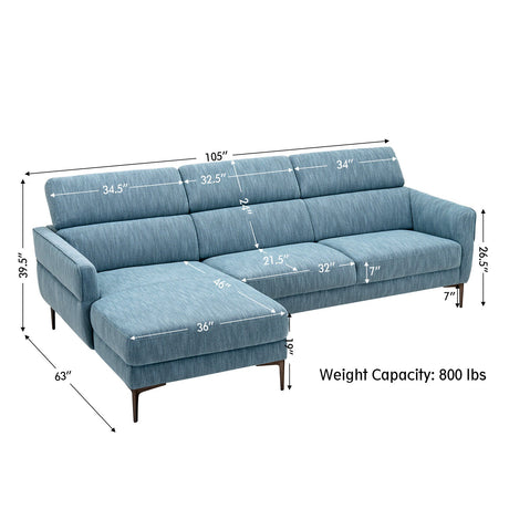 Sofá en forma de L de 105 pulgadas con 3 reposacabezas ajustables - Azul