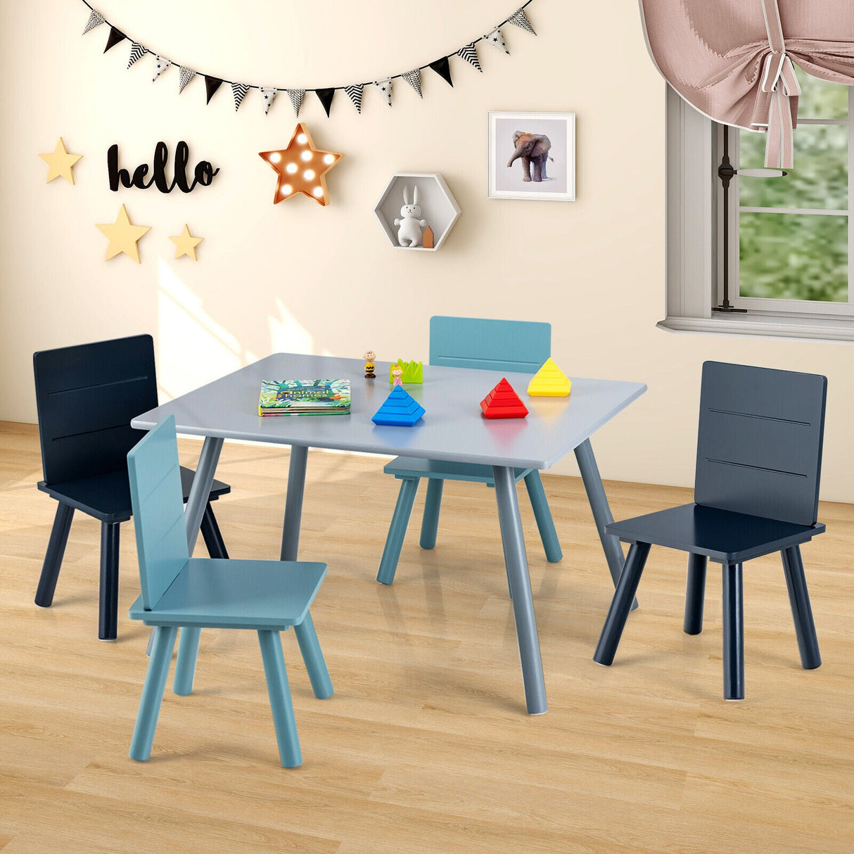 Set de Muebles de Actividad de Madera de 5 Piezas para Niños con Bloques de Construcción - Azul