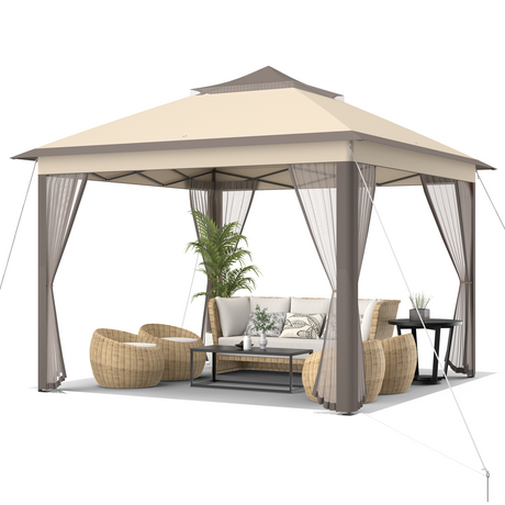 Carpa Cenador Plegable de 11 x 11 Pies con 2 Niveles, Toldo Portátil, Bolsa de Transporte, Malla