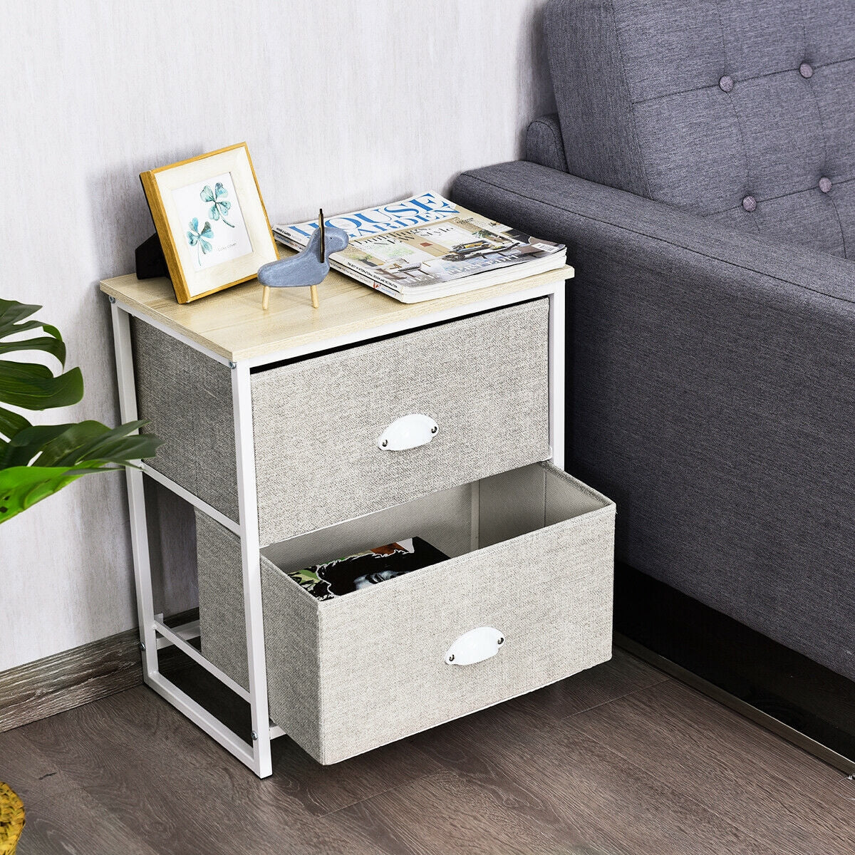 Mesa de Noche Mesita Lateral de Metal con 2 Cajones-Gris