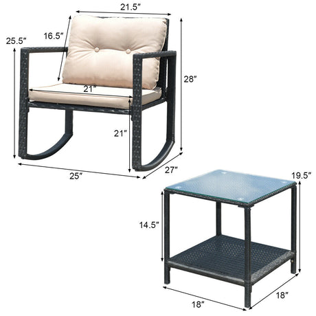 Juego de 3 piezas de patio acolchado de ratán con mecedora y mesa - Negro