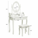 Wood Vanity Table Set with Oval Mirror and 4 Drawers for Kids Girls Women-White