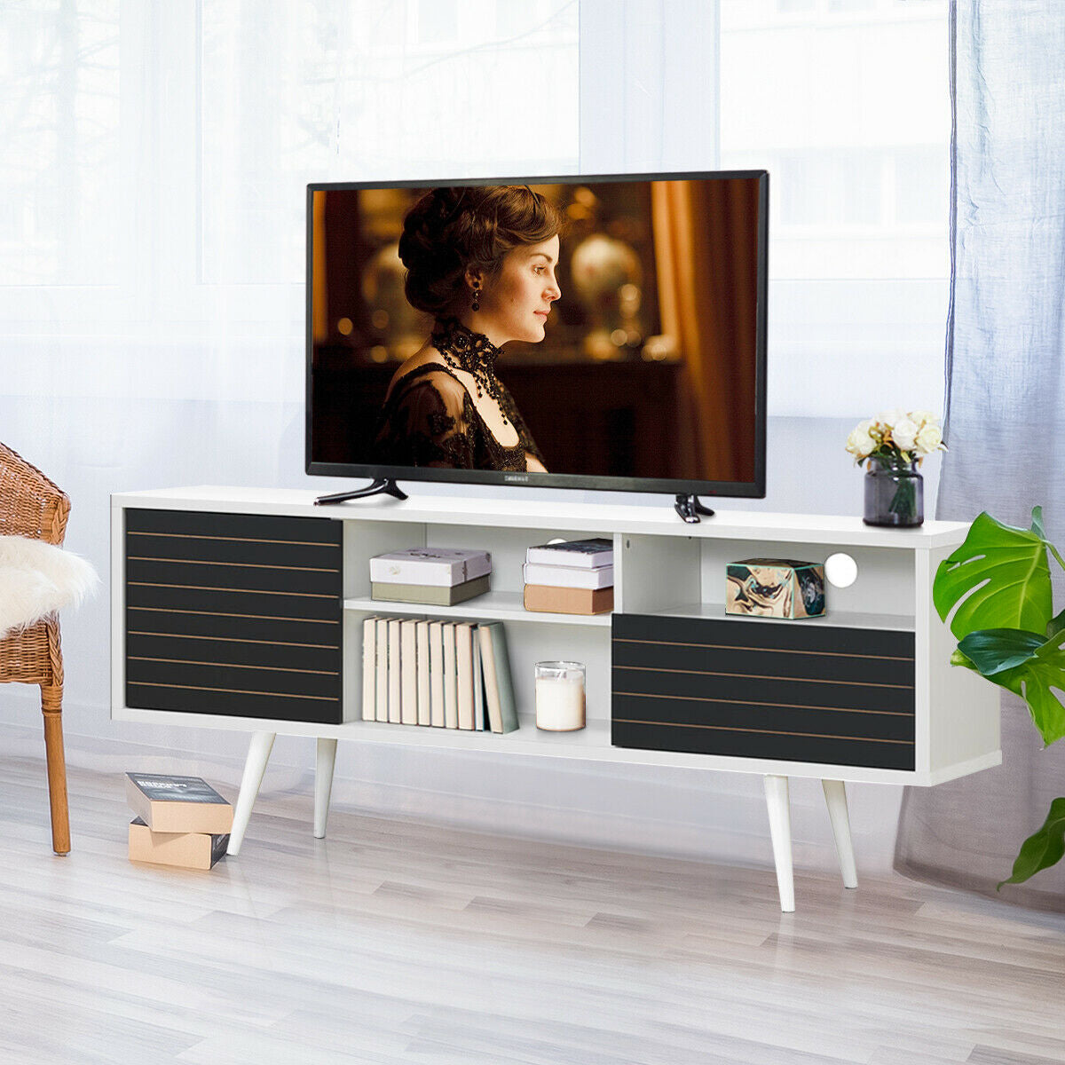 Mueble de TV moderno de mediados de siglo para televisores de hasta 65 pulgadas con estantes de almacenamiento