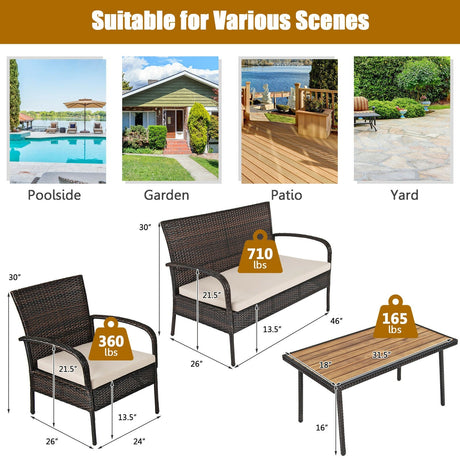Juego de conversación de mimbre acolchado de 4 piezas para patio con tablero de mesa de madera de acacia