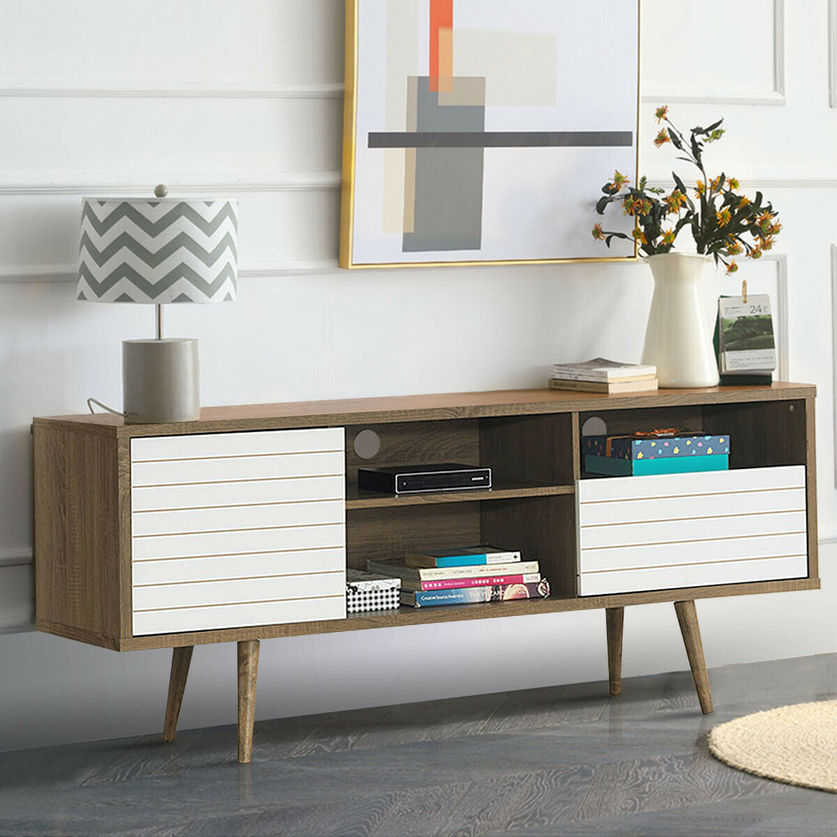 Mueble de TV moderno de mediados de siglo para televisores de hasta 65 pulgadas con estantes de almacenamiento