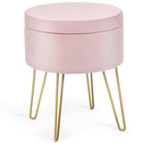 Taburete otomano redondo de terciopelo con almacenamiento, reposapiés, silla de tocador con patas de metal