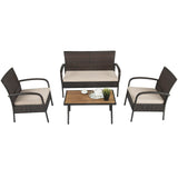 Juego de conversación de mimbre acolchado de 4 piezas para patio con tablero de mesa de madera de acacia