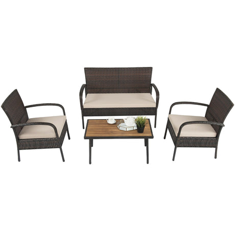 Juego de conversación de mimbre acolchado de 4 piezas para patio con tablero de mesa de madera de acacia