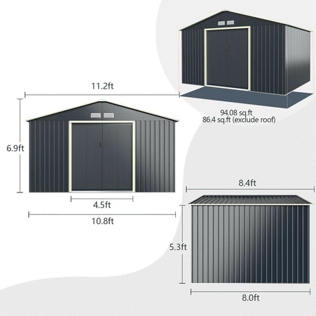Cobertizo de almacenamiento metálico de 11 x 8 pies para jardín y herramientas con 2 puertas correderas con cerradura - Gris