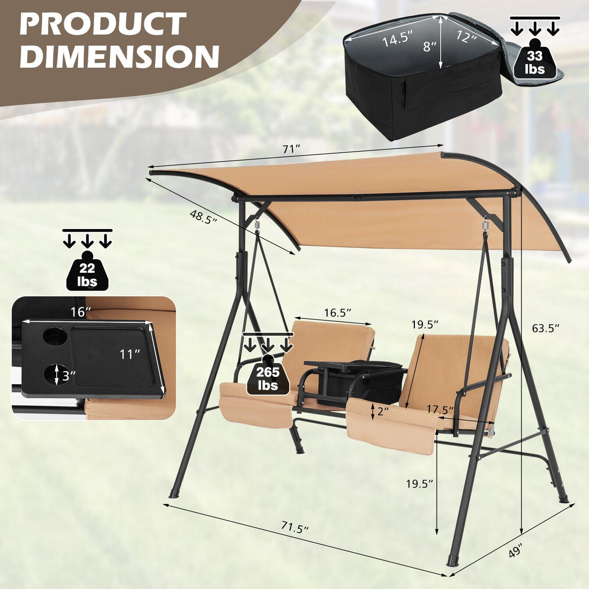 Sillón Colgante para Porche con Toldo Ajustable