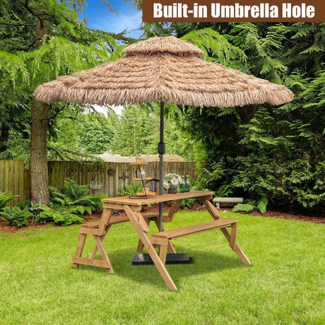 Mesa de picnic de madera transformable 2 en 1 intercambiable con orificio para sombrilla - Marrón oscuro