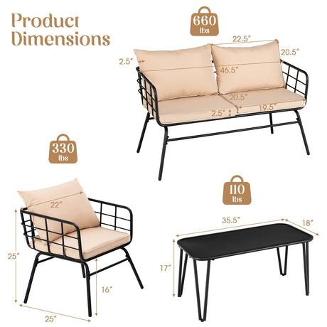 Juego de muebles de patio de 4 piezas con cojines de respaldo para jardín-Beige