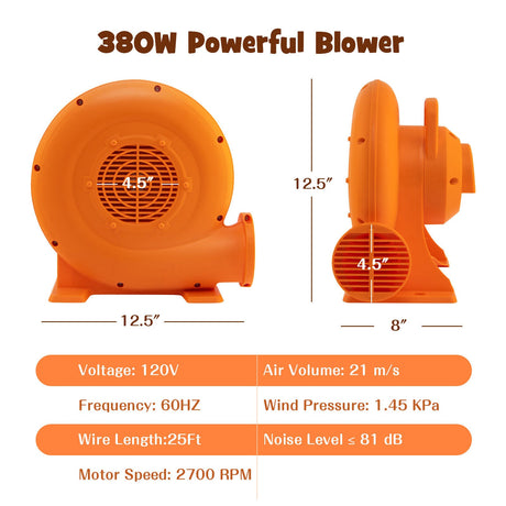 Soplador de aire de 380 W (0.5 HP) para inflables con cable de 25 pies y enchufe GFCI