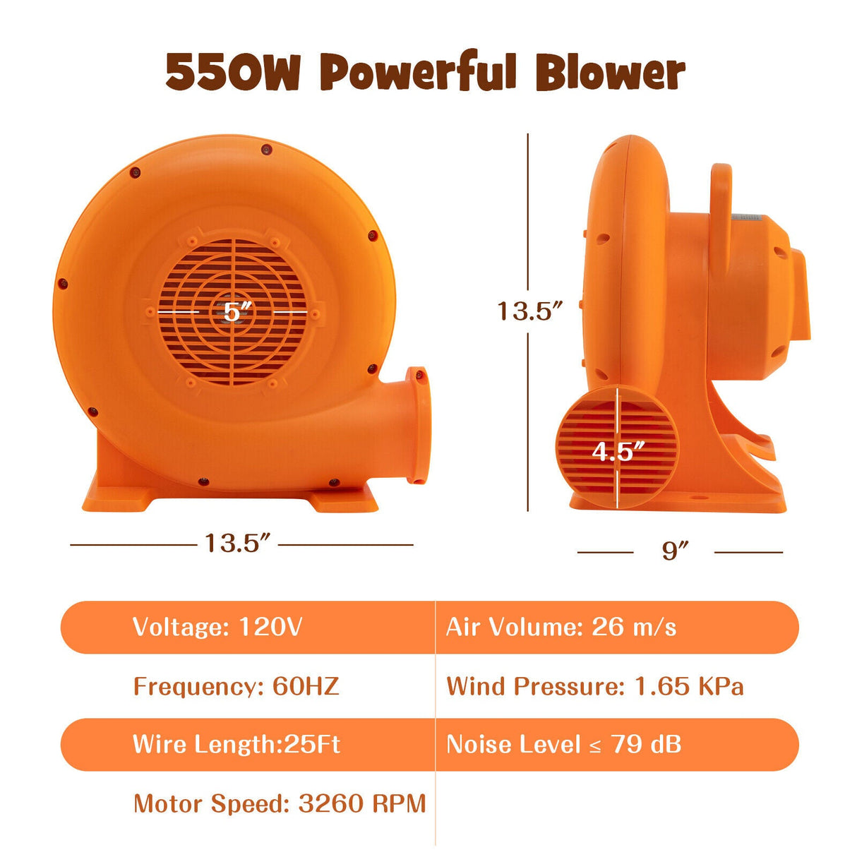 Soplador de aire de 550W (0.7HP) para inflables con cable de 7.6 metros y enchufe GFCI