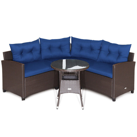 Juego de muebles de patio de ratán de 4 piezas con cojines para sofá y mesa de cristal