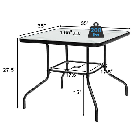 Mesa de comedor cuadrada de patio de vidrio templado de 35 pulgadas con orificio para sombrilla