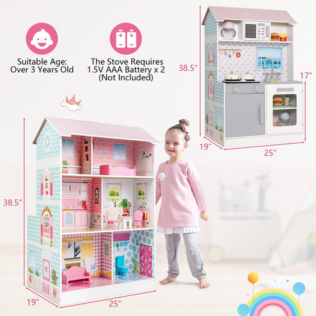 Cocina de juguete y casa de muñecas 2 en 1 de doble cara para niños con muebles