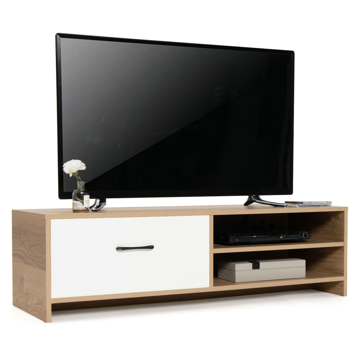 Mueble de TV con 2 estantes abiertos y cajón para televisores de 55 pulgadas
