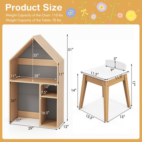 Juego de mesa y sillas infantiles 2 en 1 con forma de casa - Gris