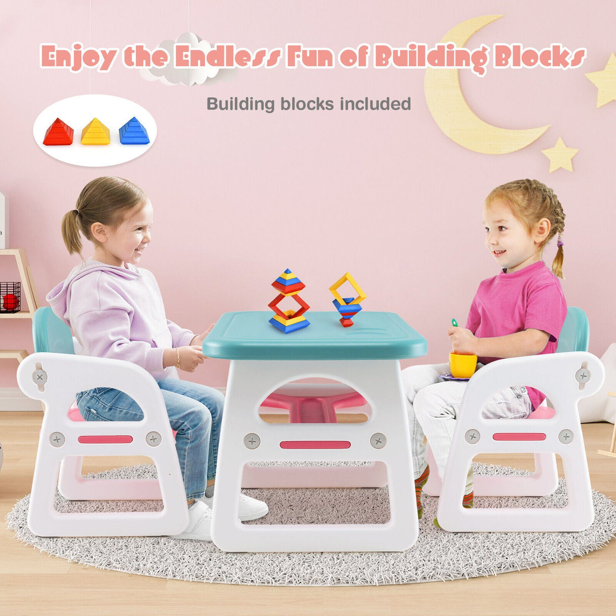 Juego de mesa y sillas para niños con bloques de construcción