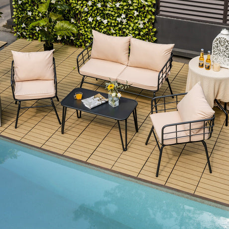 Juego de muebles de patio de 4 piezas con cojines de respaldo para jardín-Beige