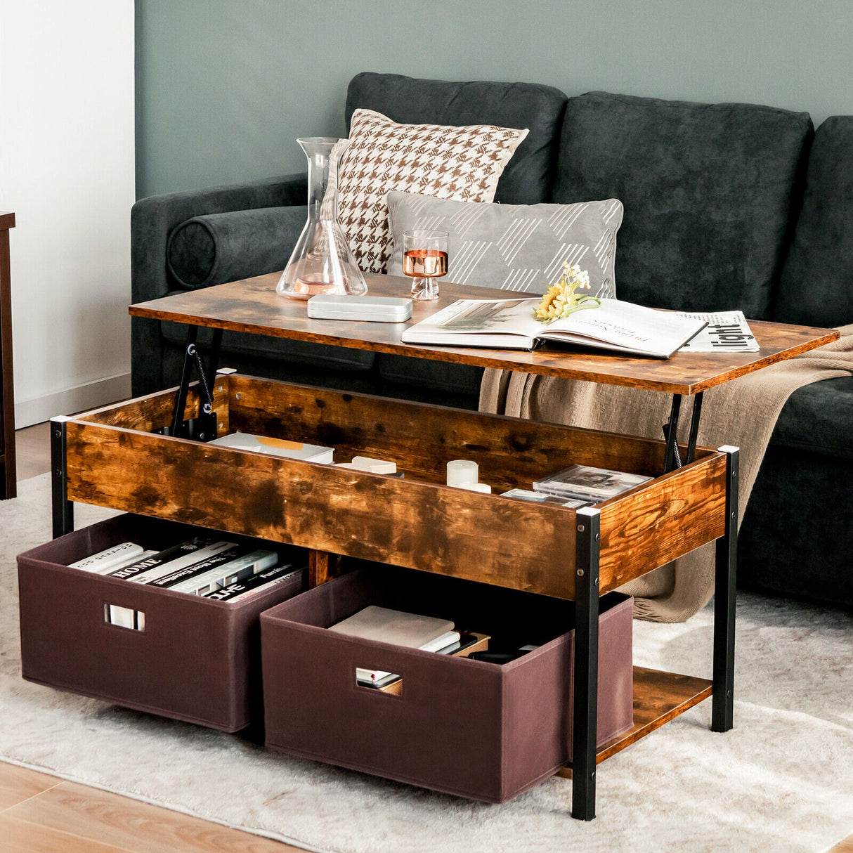 Lift Top Coffee Table Central Table with Drawers and Hidden Compartment for Living Room