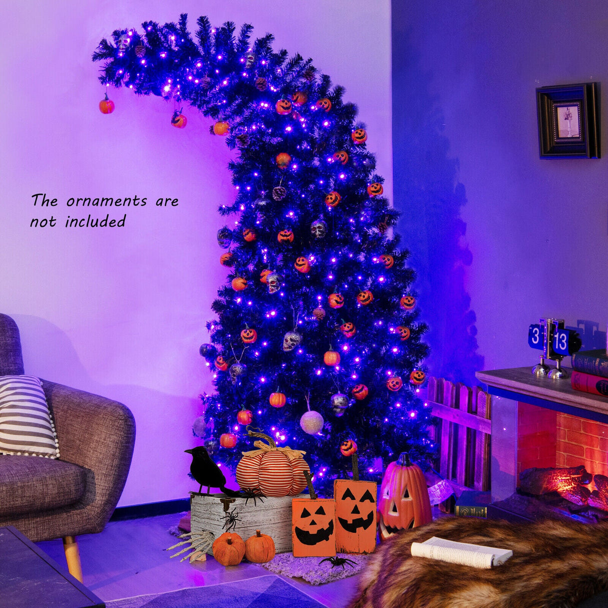 Árbol de Halloween negro preiluminado de 7 pies con 8 modos de flash y 400 luces