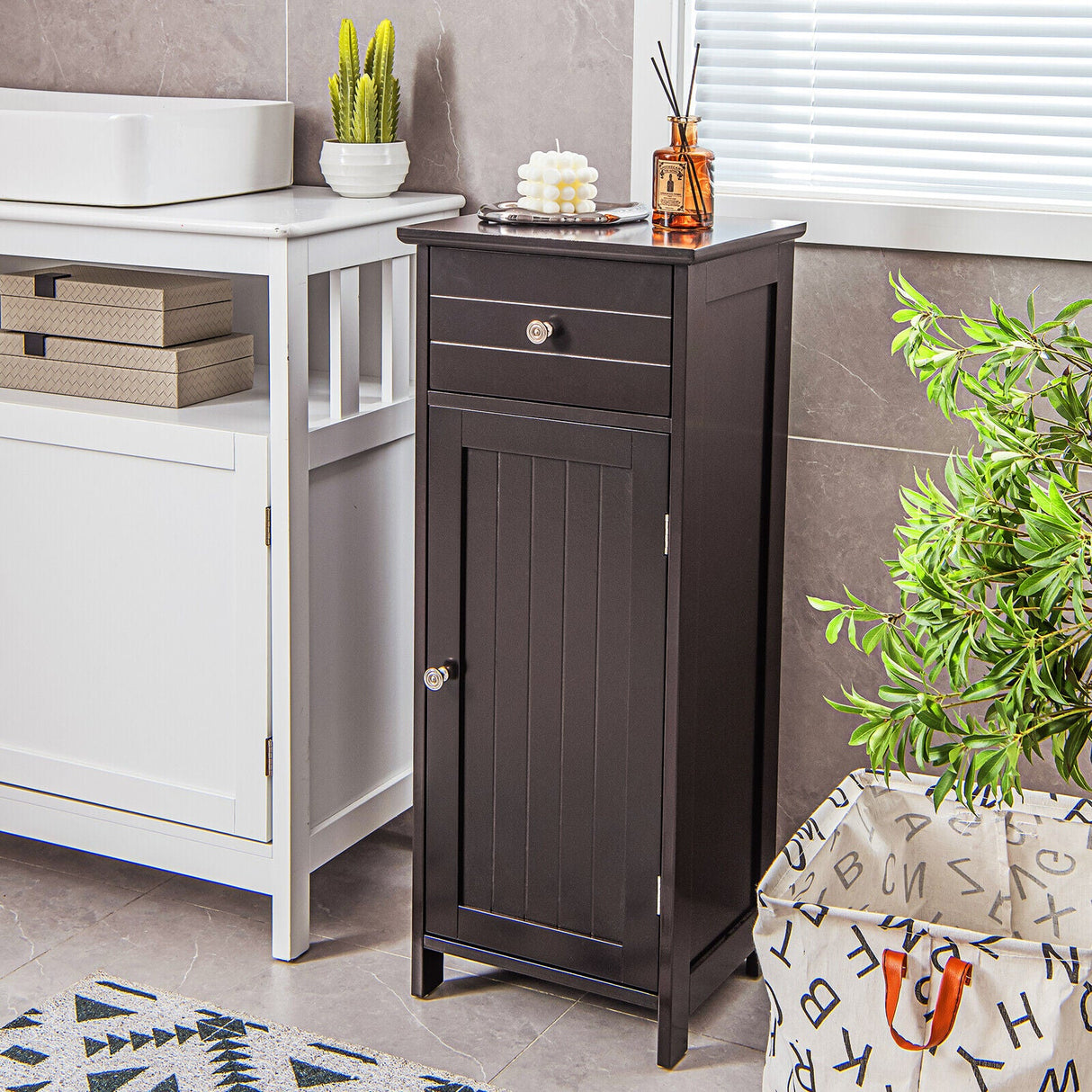 Mueble de almacenamiento de madera para baño con cajón y estante