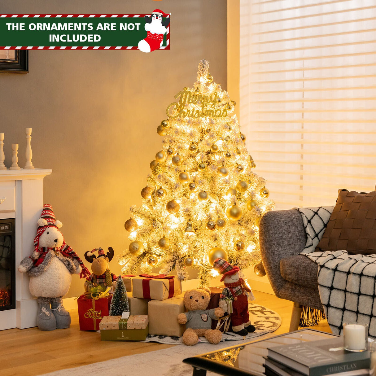 Árbol de Navidad Preiluminado de 4.5 Pies Premium con Nieve Flocada y 150 Luces