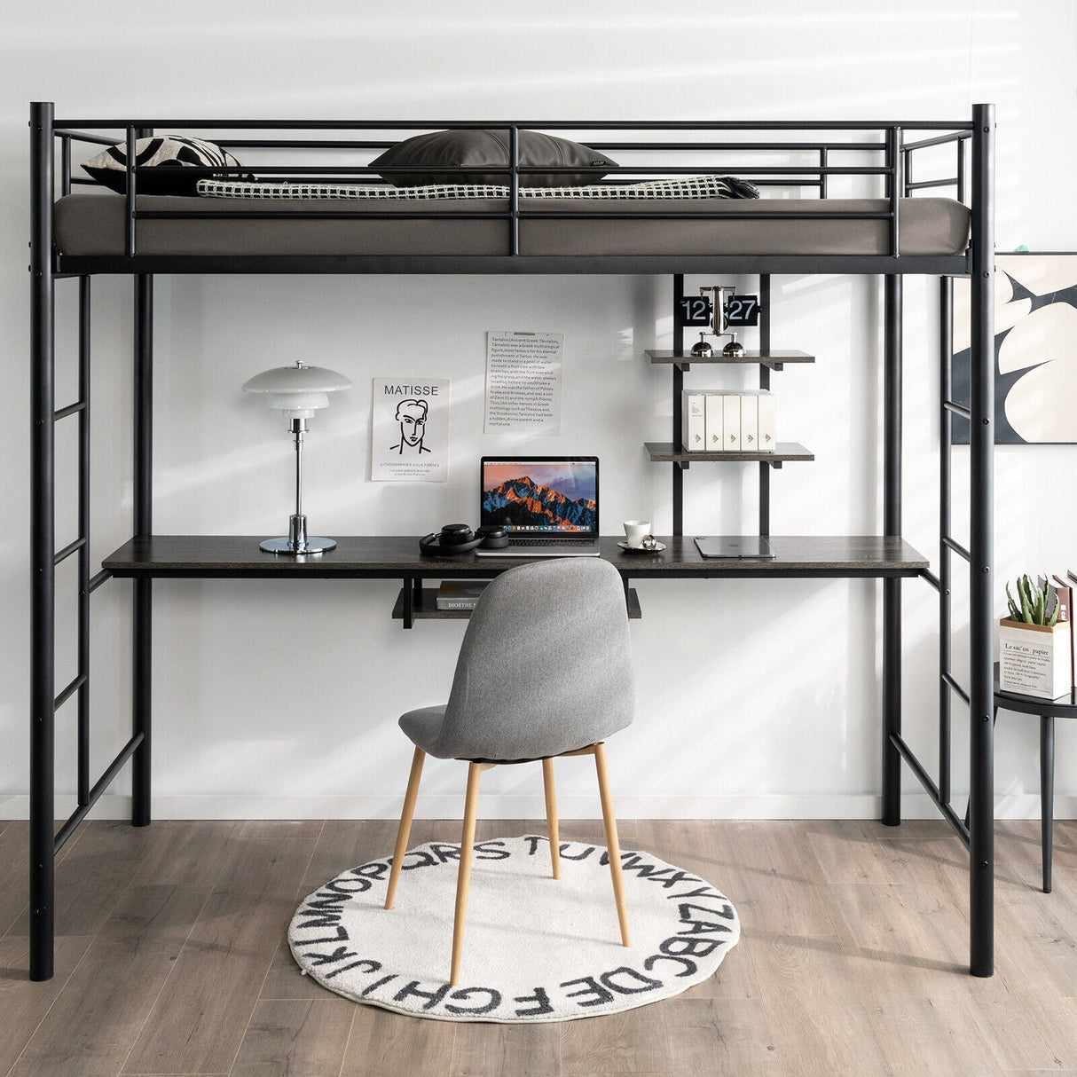 Litera alta individual con escritorio, estante de almacenamiento y escaleras de cuerpo entero-Negro