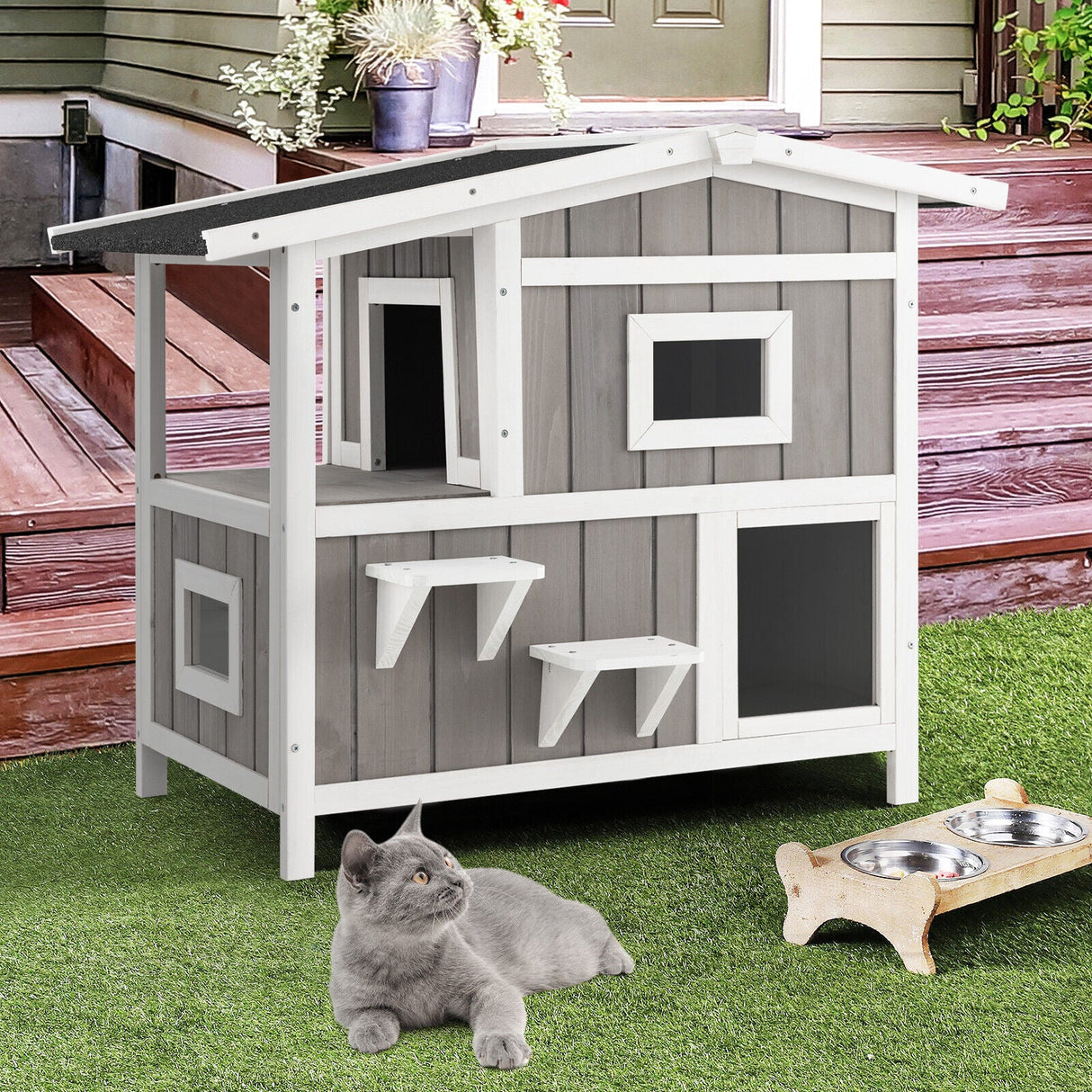 Casa exterior de madera para gatos ferales de 2 pisos con puerta de escape - Gris