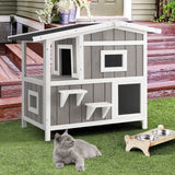 Casa exterior de madera para gatos ferales de 2 pisos con puerta de escape - Gris