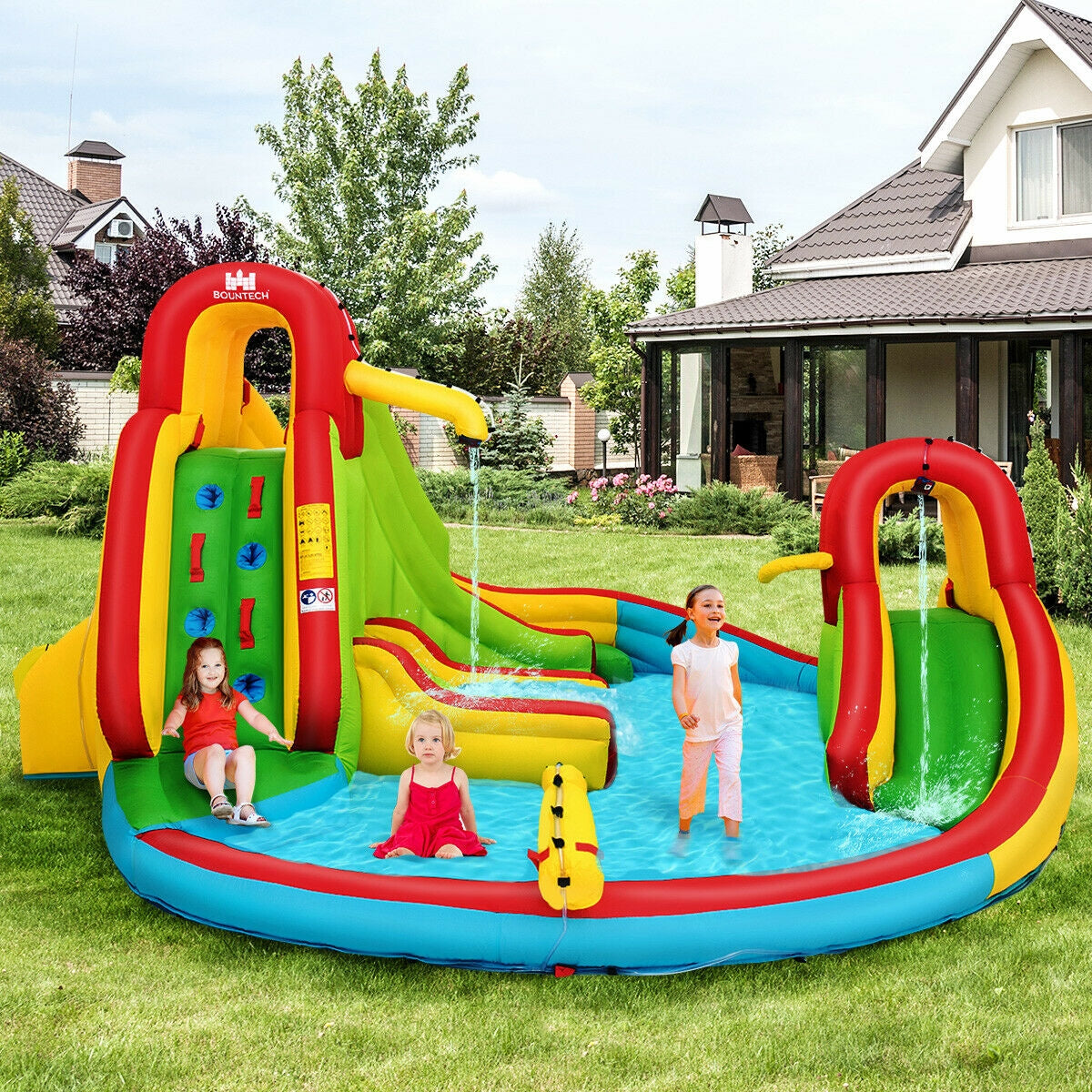 Castillo Hinchable Acuático para Niños con Tobogán, Muro de Escalada y Piscina, sin Soplador