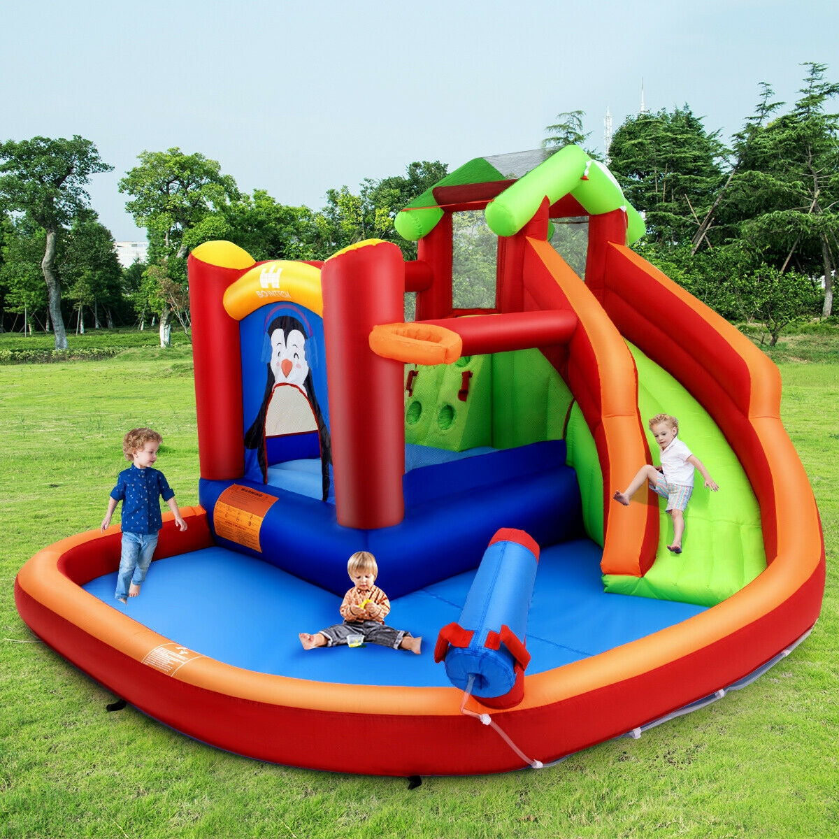 Castillo hinchable con tobogán y parque acuático sin soplador
