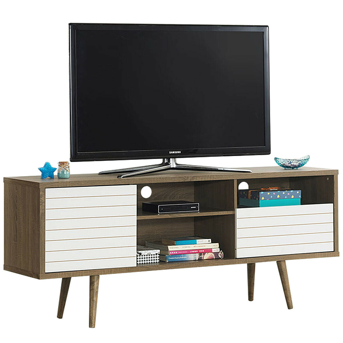 Mueble de TV moderno de mediados de siglo para televisores de hasta 65 pulgadas con estantes de almacenamiento