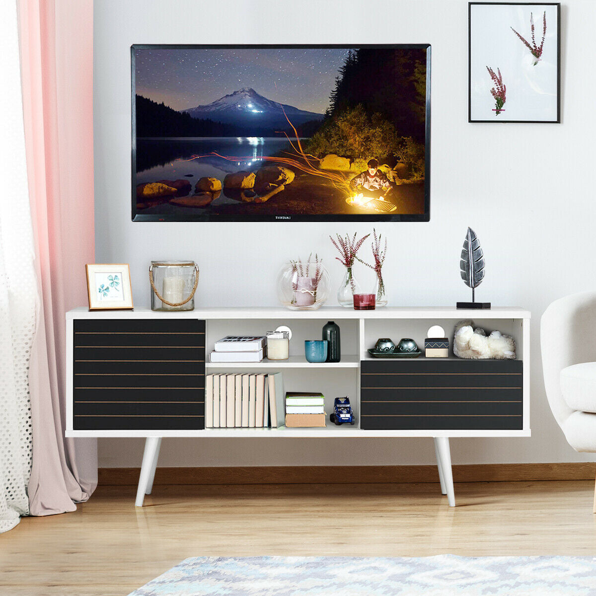 Mueble de TV moderno de mediados de siglo para televisores de hasta 65 pulgadas con estantes de almacenamiento